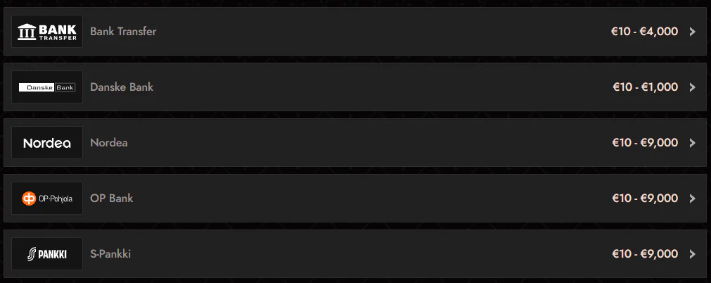 Crusado Casino bank transfer deposit methods including Danske Bank, Nordea, OP Bank and S-Pankki with minimum and maximum payment limits