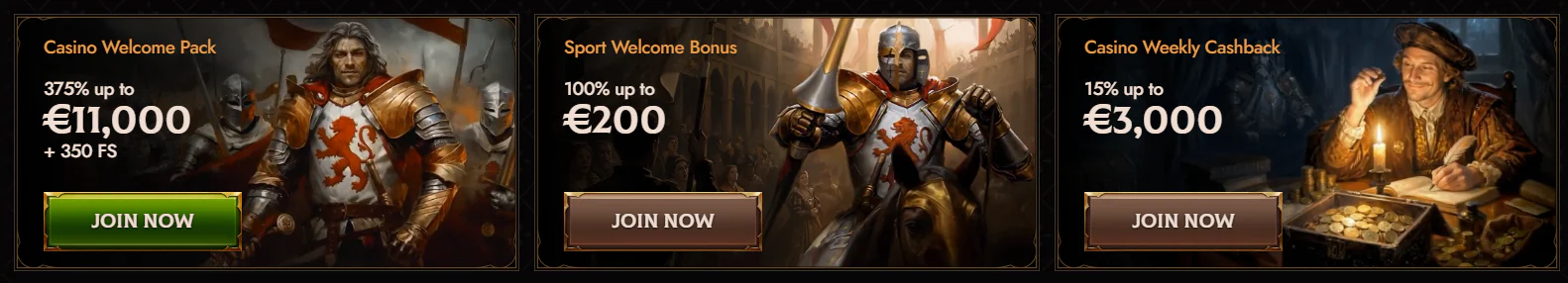 Crusado Casino welcome bonuses featuring 375% up to €11,000 and 350 free spins, 100% sports bonus up to €200, and 15% weekly cashback up to €3,000
